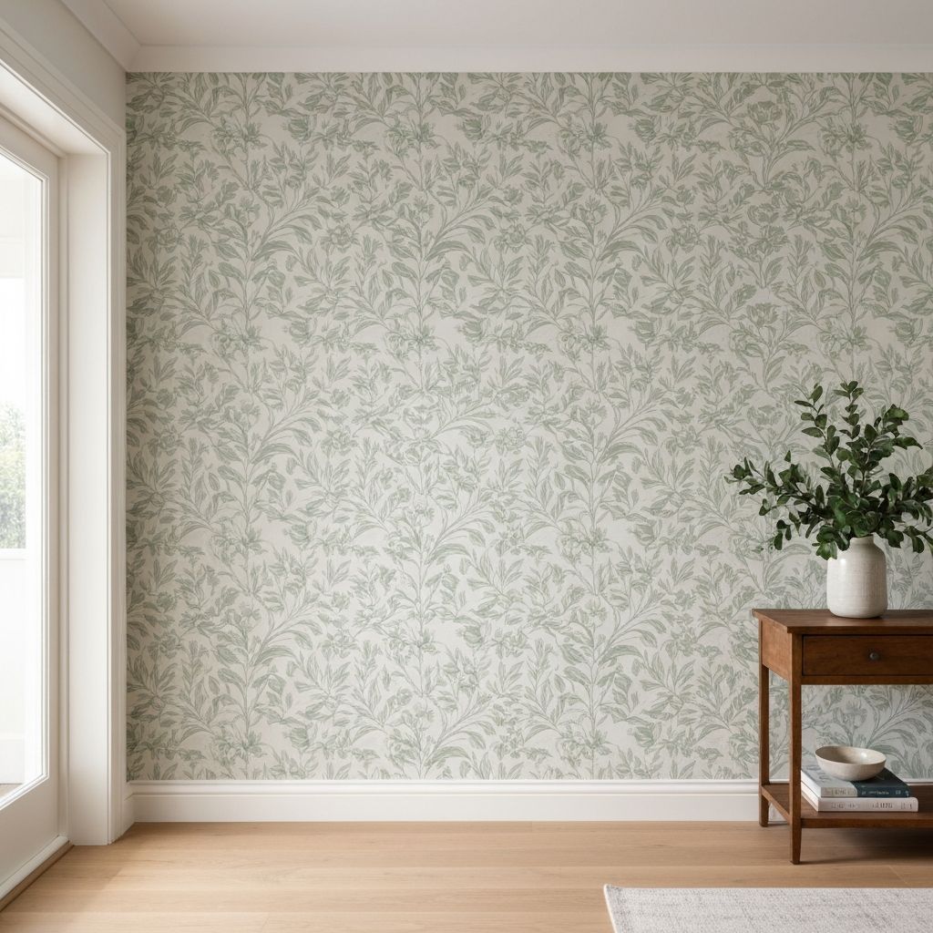 Elegant wallpaper feature wall with botanical pattern in sage green and cream